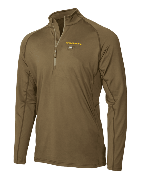 Muddy Nucleus Heated Quarter Zip Pullover in Brown Clay, made from lightweight, breathable fabric for enhanced warmth and comfort. Ideal for layering and versatile for all occasions.