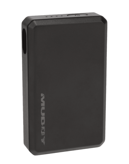 Compact black power bank with a small logo, identified as Muddy Heated Extra Battery - 3.7V 3,500mAh - 2 Pack.