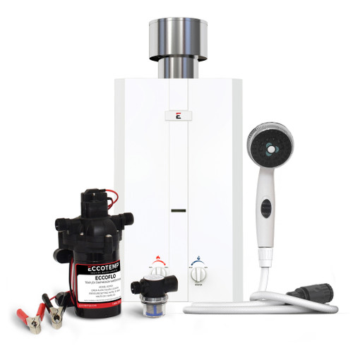 Eccotemp L10-PSSET 3.0 GPM Portable Tankless Water Heater w/ Pump & Shower Set for outdoor use.