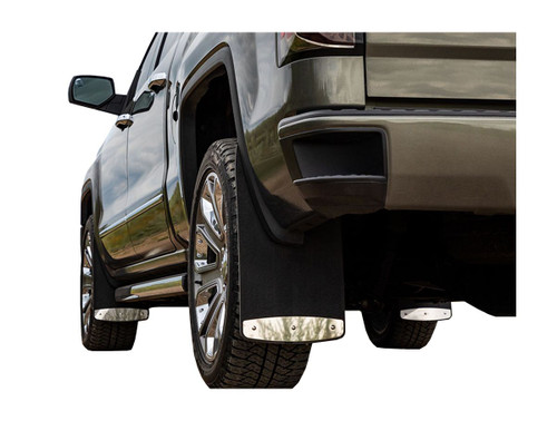 The Access E101002239 ROCKSTAR Custom Splash Guard Mud Flaps offer durable protection for pickups and SUVs. Made from 5/16" composite rubber, they resist mud and snow buildup while staying flexible in cold weather. These black mud flaps feature stainless steel trim plates, precision-cut holes for easy installation, and are designed for front or rear use. Measuring 23 inches long, they deliver a secure fit and are sold in pairs with all hardware included. Ideal for harsh road conditions and off-road driving.
