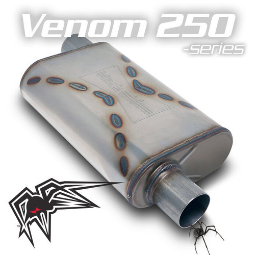 Black Widow Exhaust Venom 250-Series 2.5" and 300-Series 3" Offset Mufflers with brushed stainless steel and hourglass performance design.