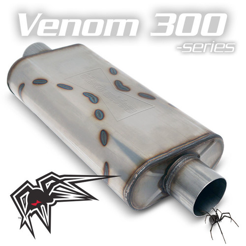 Black Widow Exhaust Venom 300-Series 2.5" mufflers in center/center and center/offset configurations showcase sleek design and durable construction.