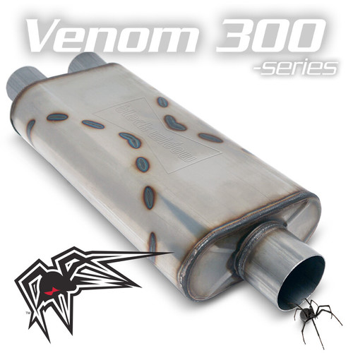 Black Widow Venom 300-Series mufflers with 3" inlet and dual outlet configurations for high-performance sound and flow optimization.