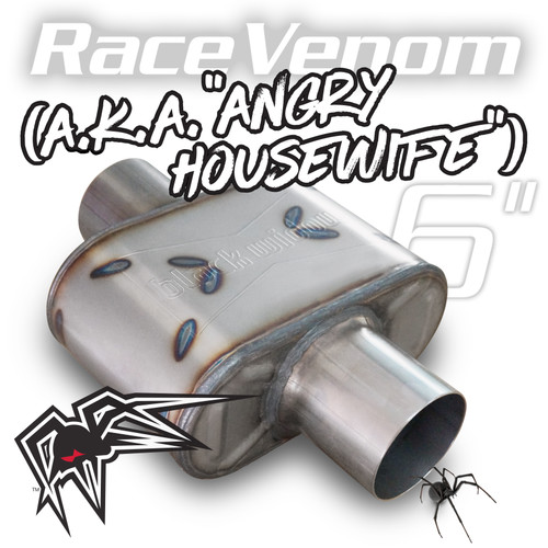 Black Widow Race Venom 2.5" muffler in center/center and center/offset configurations, designed for aggressive sound and high-flow performance.