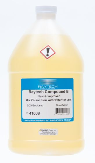 The Raytech Compound B Tumbling Media Additive 41008R is a 1-gallon, non-foaming liquid compound ideal for vibratory tumblers used with metals and plastics. It flushes soil and contaminants fast, delivering cleaner parts and shorter cycle times in vibratory finishing.