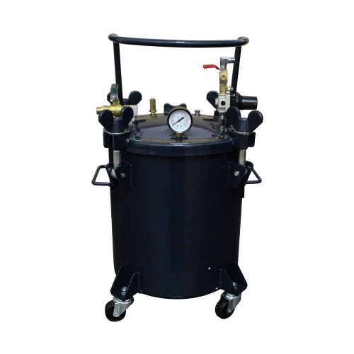 The California Air Tools CAT-365C 5 Gallon Pressure Pot is a portable epoxy resin casting tank built with a coated steel body for easy cleanup. With a max pressure of 80 PSI and removable wheels, this compact pressure chamber delivers clean, efficient casting in tight workspaces. Ideal for resin casting projects, it offers precise control using a regulator, input connector, ball valve, and pressure relief valve.