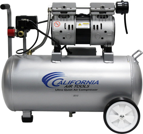 The California Air Tools 8010 1.0 HP Ultra Quiet and Oil-Free Air Compressor delivers impressive performance with a low noise level of just 60 dB. Ideal for indoor use, it offers powerful operation with its oil-free dual piston pump, ensuring long-lasting durability. This lightweight, portable compressor features an 8-gallon steel tank and a convenient wheel kit for easy mobility. With a fast tank fill time and quick recovery, it's perfect for nailing and other light tasks. Enjoy efficient, quiet operation with minimal maintenance for years of reliable use.