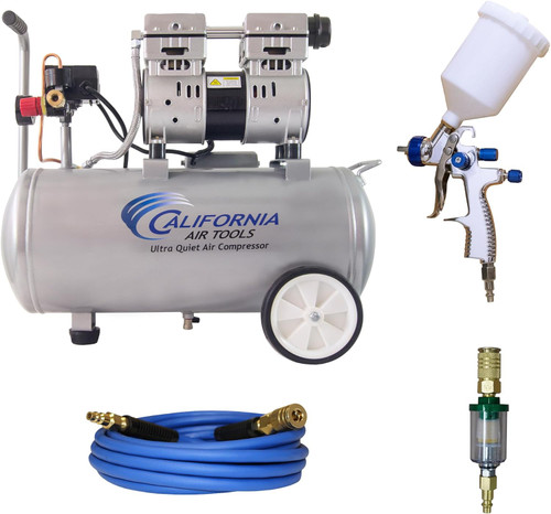 The California Air Tools 8010 PK Ultra Quiet & Oil-Free Air Compressor and LVLP Spray Painting Kit offers a low-noise, 60 dBA operation ideal for indoor use. Featuring a 1.0 HP oil-free motor, 8-gallon steel tank, and LVLP spray gun, it delivers reliable power with minimal maintenance. Lightweight with wheels for portability, this air compressor is built for painting tasks across automotive, woodworking, and marine applications. Its efficient airflow and reduced noise make it a top choice for pros needing a quiet, portable air compressor and spray kit combo.