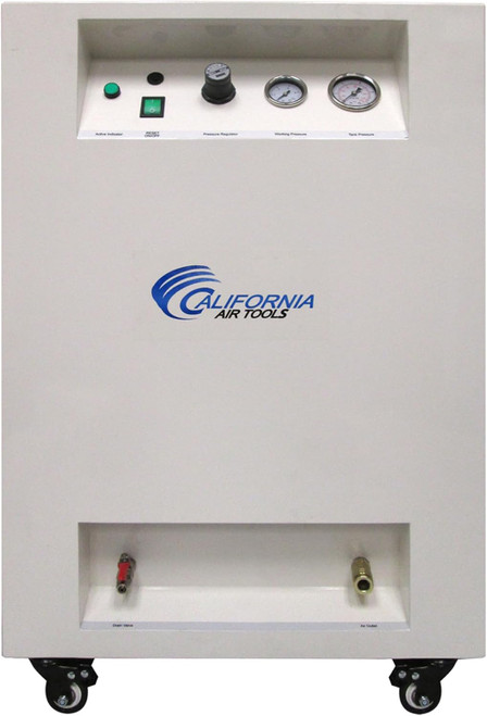 The California Air Tools 8010SPCAD 1.0 HP Ultra Quiet Oil-Free Air Compressor in a soundproof cabinet delivers powerful airflow with just 40 dBA noise, ideal for dental and indoor use. This 8-gallon steel tank compressor features an automatic drain valve, low-maintenance oil-free pump, and smooth mobility with caster wheels—perfect for quiet, efficient work environments. Designed for durability and consistent performance, it’s a great choice for noise-sensitive spaces requiring steady compressed air.