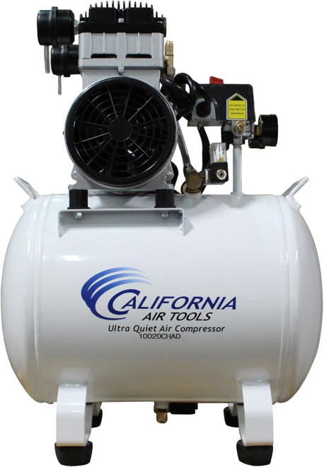 The California Air Tools 10020CHAD Ultra Quiet Air Compressor is a portable 2.0 HP electric model with a 10-gallon steel tank and oil-free dual piston pump for low maintenance. Operating at just 70 dB, it’s ideal for garages, shops, or noise-sensitive areas. With 6.40 CFM at 40 PSI and 5.30 CFM at 90 PSI, this quiet air compressor supports airbrushing, drilling, nailing, and spraying. The automatic drain valve and low 14-amp draw add convenience and efficiency in a compact, 110V AC setup.