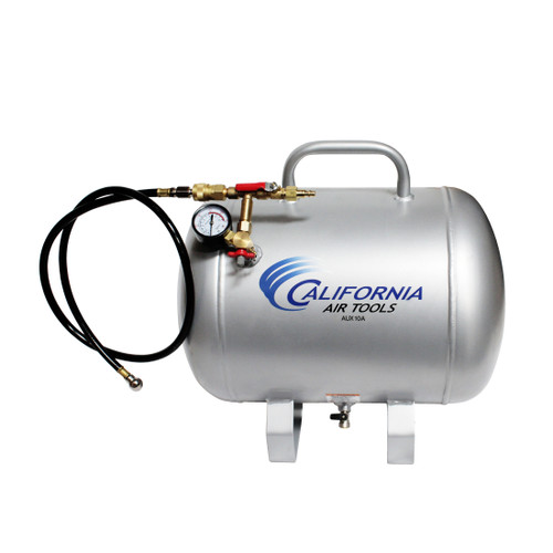 The California Air Tools AUX10A Lightweight Portable Aluminum Air Tank is a 10-gallon, rust-free aluminum tank designed for bolting, inflating, and air tool support. With a 1/4" universal quick connector, 48" air hose, and max pressure of 125 PSI, this compact, corded-electric air tank is ideal for mobile jobsites and garage use where portable air supply is essential. Lightweight, durable, and easy to transport, the AUX10A offers dependable performance with minimal setup time, making it a reliable choice for users needing on-the-go compressed air.