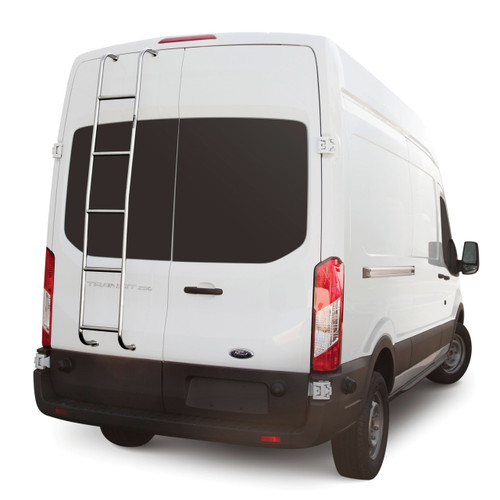 Stainless Steel Van Ladder 093TL for Ford Transit High Roof 2014+, full-length rear ladder