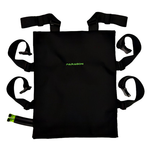 A black pad with green straps and a logo represents the Paragon Arctic Seat Cover with Pad.