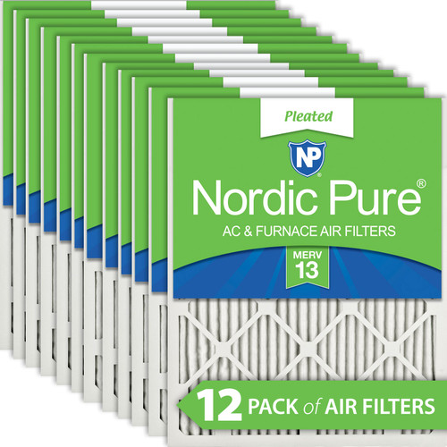 Twelve Packs Nordic Pure MERV 13 pleated air filters stacked in packaging 10x10x1M13-12