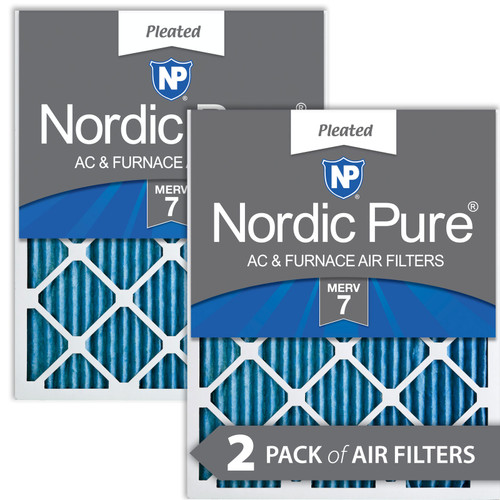 Two Packs Nordic Pure 10x10x1 Pleated MERV 7 Air Filters side by side with label visible 10x10x1M7-2