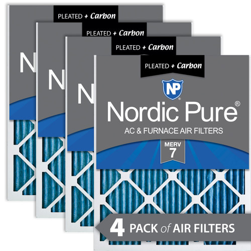 Four Packs Nordic Pure 10x20x1 Pleated Air Filters MERV 7 Plus Carbon stacked with label visible 10x20x1M7+C-4
