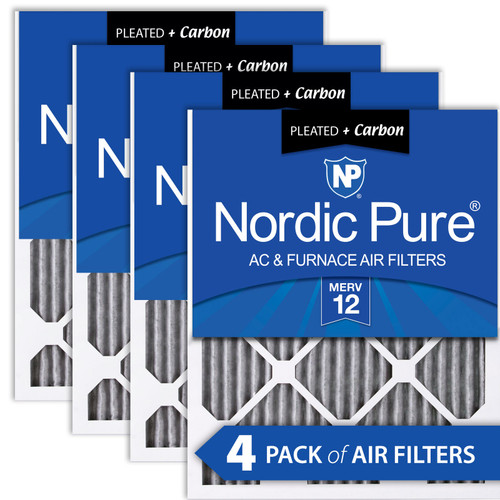 Four Packs Nordic Pure 10x20x1 Furnace Air Filters MERV 12 Pleated Plus Carbon stacked with label visible 10x20x1PM12C-4