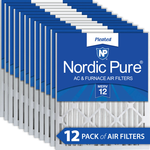 Twelve Packs Nordic Pure 10x20x2 Pleated MERV 12 Air Filters stacked 10x20x2M12-12