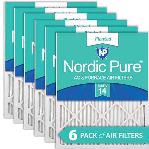 Six Packs Nordic Pure 12x12x1 Pleated MERV 14 Air Filters stacked flat 12x12x1M14-6