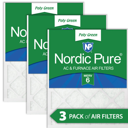 Three Packs Nordic Pure 12x12x1 MERV 6 Poly Green AC Furnace Air Filter stacked 12x12x1PolyGreen-3