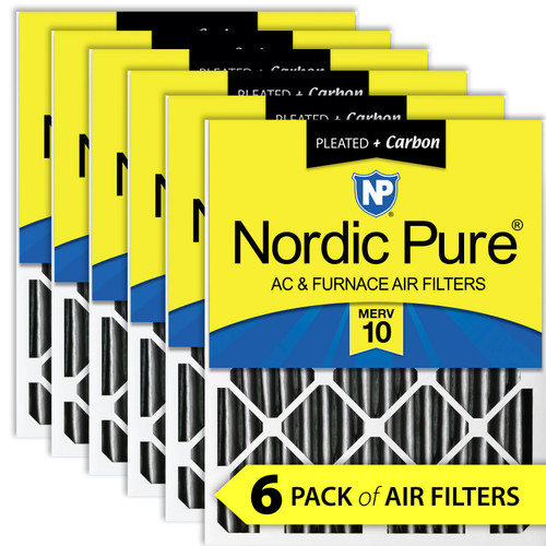 Six Packs Nordic Pure 12x24x4 Pleated Air Filters MERV 10 Plus Carbon 6 Pack stacked flat 12x24x4PM10C-6