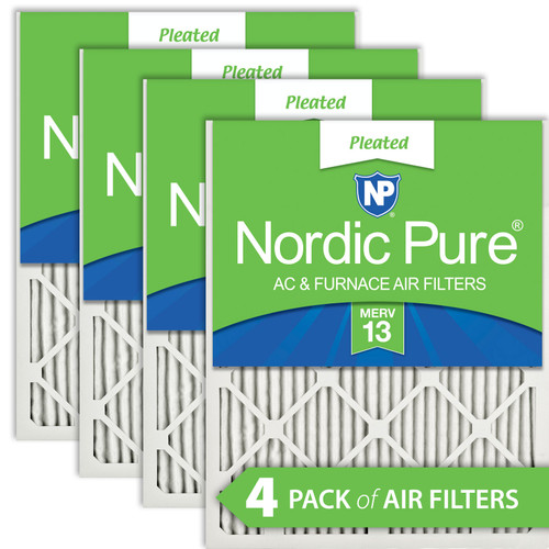 Four Packs Nordic Pure 12x25x1 Pleated MERV 13 Air Filters stacked with label visible 12x25x1M13-4