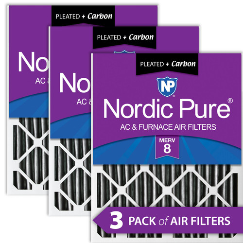 Three Packs Nordic Pure 12x25x2 Furnace Air Filters MERV 8 Pleated Plus Carbon stacked 12x25x2PM8C-3