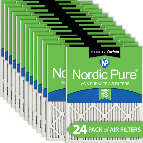 Twenty-four Packs Nordic Pure 14x14x1 Pleated Air Filters MERV 13 Plus Carbon stacked bulk pack 14x14x1M13+C-24