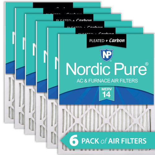 Six Packs Nordic Pure 14x14x1 Pleated Air Filters MERV 14 Plus Carbon stacked flat 14x14x1M14+C-6