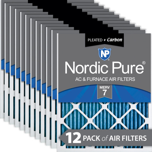Twelve Packs Nordic Pure 14x14x1 Pleated Air Filters MERV 7 Plus Carbon stacked 14x14x1M7+C-12