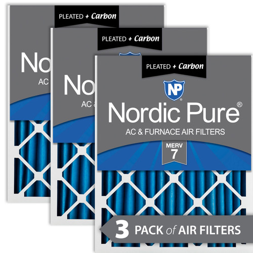 Three Packs Nordic Pure 14x25x2 Pleated Air Filters MERV 7 Plus Carbon stacked 14x25x2M7+C-3