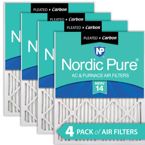 Four Packs Nordic Pure 14x30x1 Pleated Air Filters MERV 14 Plus Carbon stacked with label visible 14x30x1M14+C-4