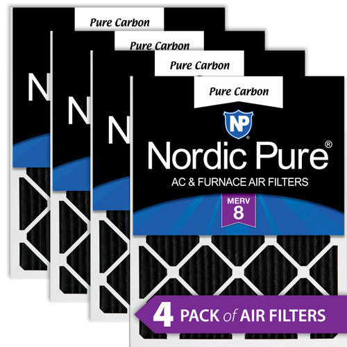 Four Packs Nordic Pure 16x20x1 Pure Carbon Odor Reduction Furnace Air Filters stacked with label visible 16x20x1PCP-4
