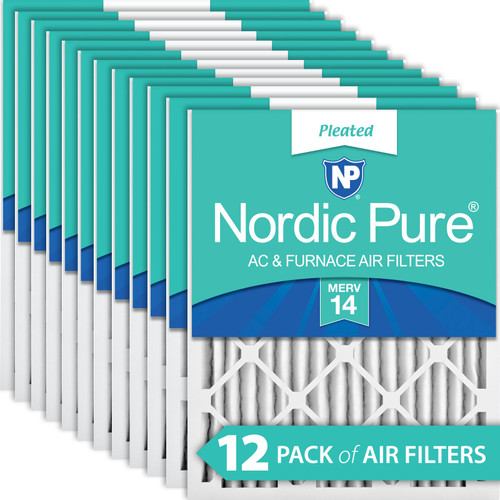 Twelve Packs Nordic Pure 16x20x2 Pleated MERV 14 Air Filters stacked 16x20x2M14-12