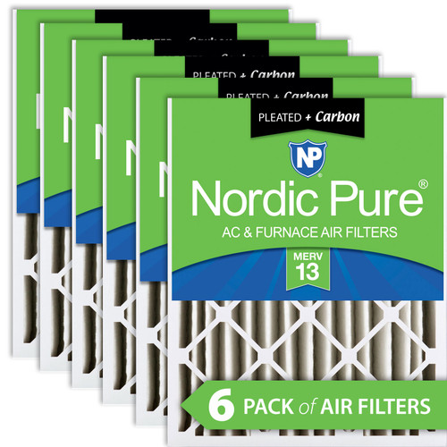 Six Packs Nordic Pure 16x24x4 Pleated Air Filters MERV 13 Plus Carbon stacked 16x24x4M13+C-6