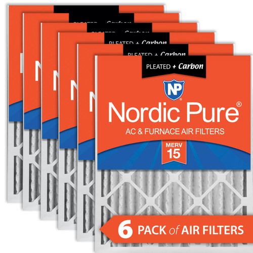 Six Packs Nordic Pure 16x24x4 Pleated Air Filters MERV 15 Plus Carbon stacked 16x24x4M15+C-6
