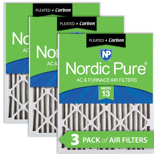 Three Packs Nordic Pure 16x25x2 MERV 13 Plus Carbon Pleated Air Filters side by side 16x25x2M13+C-3