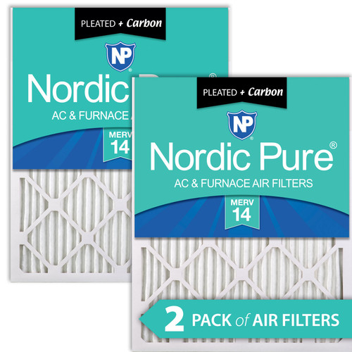 Two Packs Nordic Pure 18x18x1 Pleated Air Filters MERV 14 Plus Carbon side by side 18x18x1M14+C-2