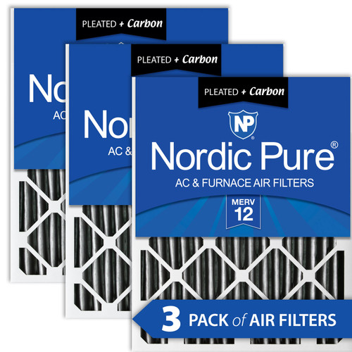 Three Packs Nordic Pure 18x18x2 Furnace Air Filters MERV 12 Pleated Plus Carbon stacked 18x18x2PM12C-3