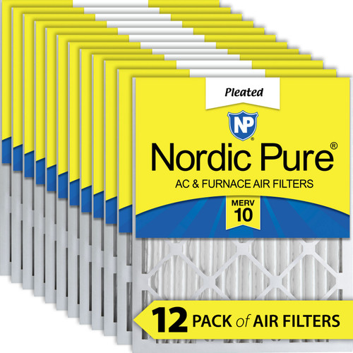 Twelve Packs Nordic Pure 18x24x2 Pleated MERV 10 Air Filters stacked 18x24x2M10-12