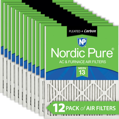 Twelve Packs Nordic Pure 18x25x1 Pleated Air Filters MERV 13 Plus Carbon stacked 18x25x1M13+C-12