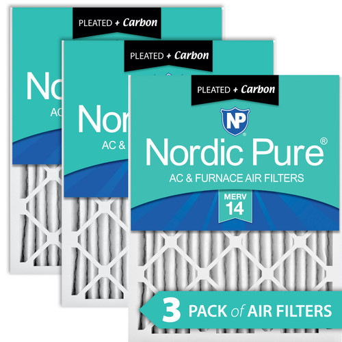 Three Packs Nordic Pure 18x25x2 Pleated Air Filters MERV 14 Plus Carbon stacked 18x25x2M14+C-3