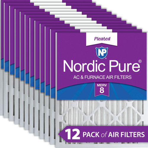 Twelve Packs Nordic Pure 18x25x2 Pleated MERV 8 Air Filters stacked 18x25x2M8-12