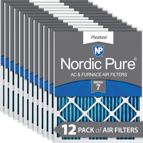 Twelve Packs Nordic Pure 20x20x1 Pleated MERV 7 Air Filters stacked 20x20x1M7-12