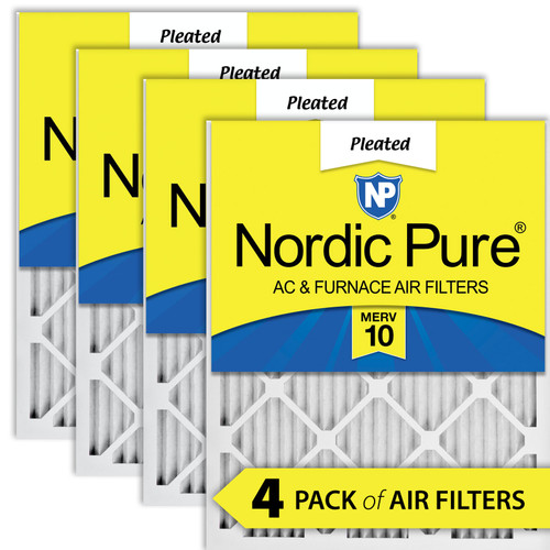 Four Packs Nordic Pure 20x22x1 Pleated MERV 10 Air Filters stacked with label visible 20x22x1M10-4
