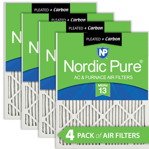 Four Packs Nordic Pure 20x22x1 Pleated Air Filters MERV 13 Plus Carbon stacked with label visible 20x22x1M13+C-4
