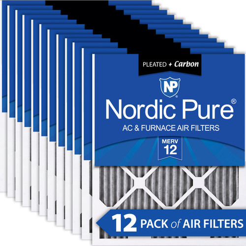 Twelve Packs Nordic Pure 20x22x1 Pleated Air Filters MERV 12 Plus Carbon stacked 20x22x1PM12C-12
