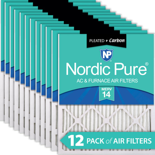 Twelve Packs Nordic Pure 20x24x1 Pleated Air Filters MERV 14 Plus Carbon stacked 20x24x1M14+C-12