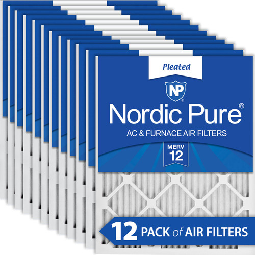 Twelve Packs Nordic Pure 20x25x1 Pleated MERV 12 Air Filters boxed stack 20x25x1M12-12