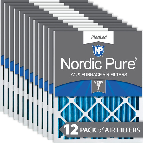Twelve Packs Nordic Pure 20x25x2 Pleated MERV 7 Air Filters stacked 20x25x2M7-12